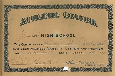  Junior High School Letter Basketball 1942 1943 