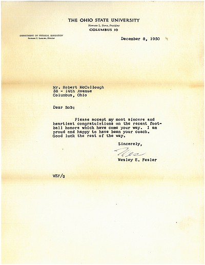 Wes Fesler Congrats Letter Dec. 8, 1950 