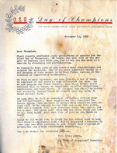  OSU Day of Champions Letter Nov. 13, 1952 